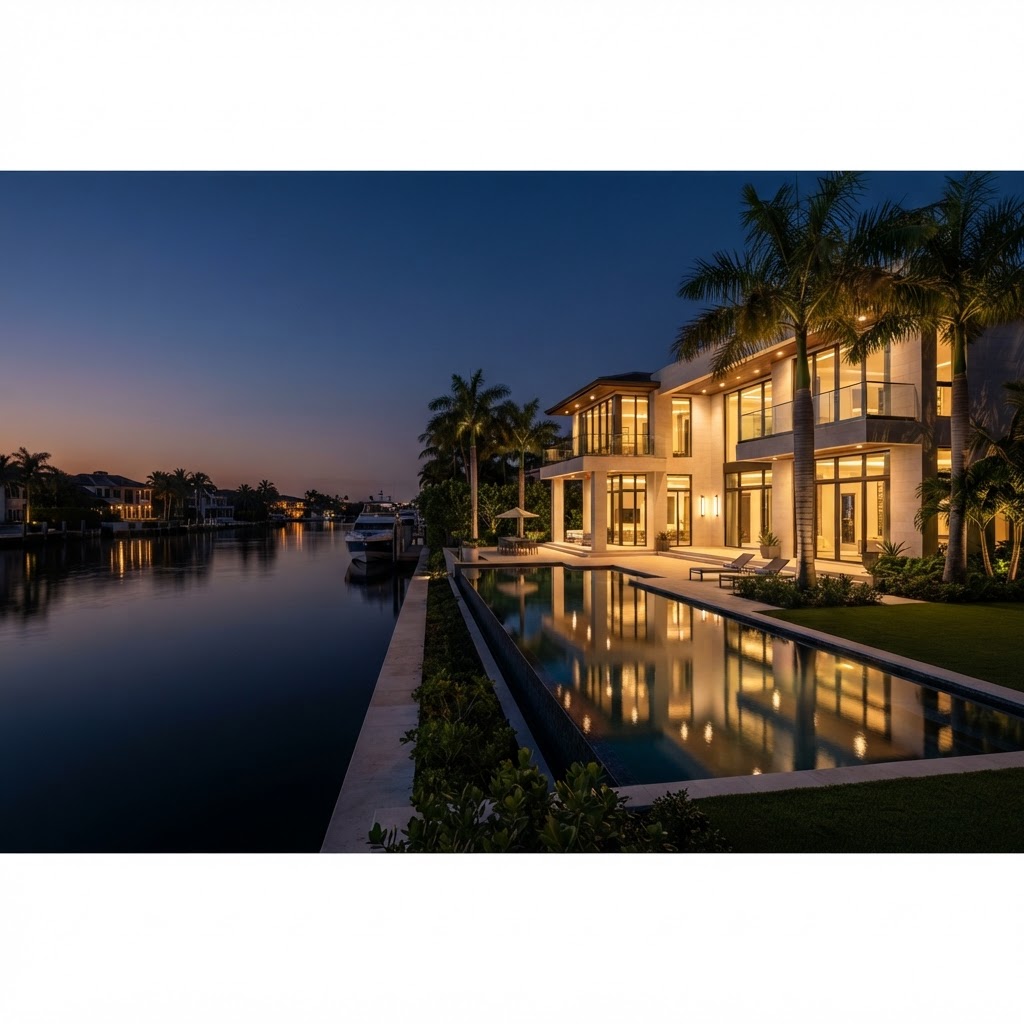 Architectural concept of a Florida waterfront residence with palm trees and warm interior lighting