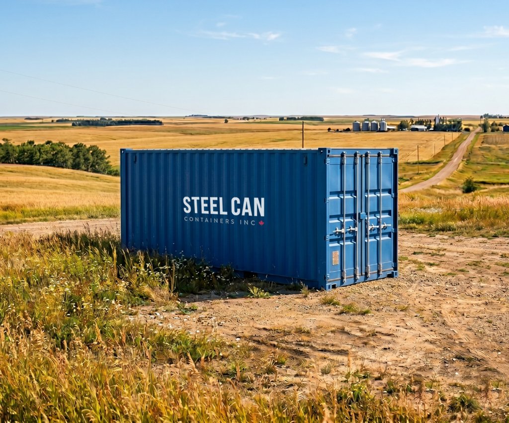 Steel Can Containers Inc. branded shipping container on Manitoba prairie