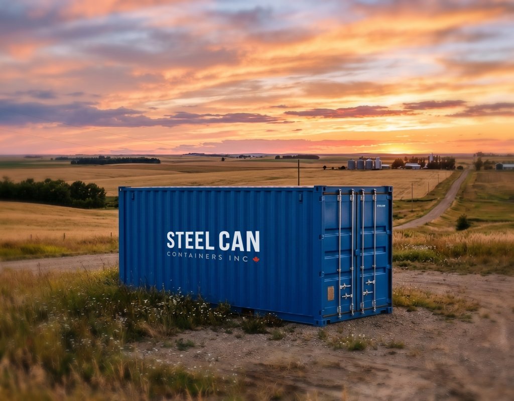 Steel Can Containers blue shipping container on Manitoba prairie at sunset