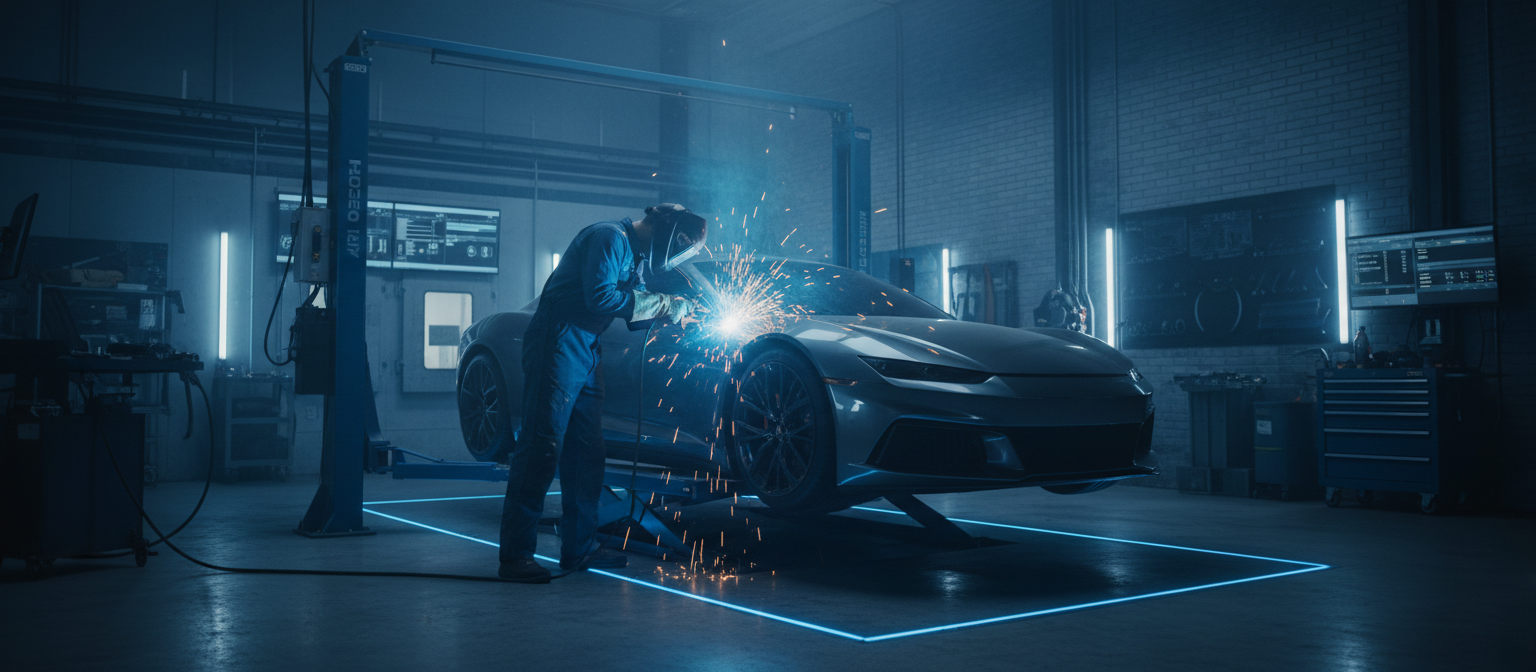 Professional auto body repair shop with technician working on vehicle