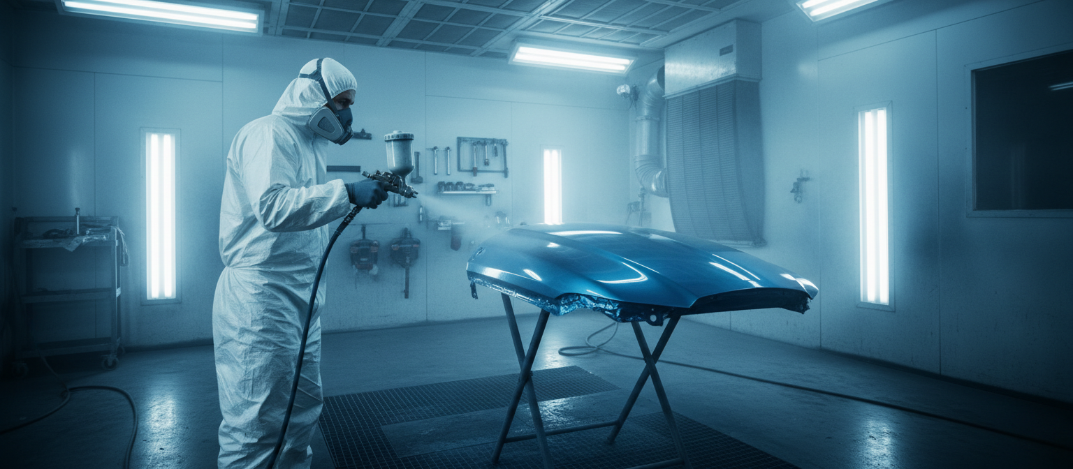 Technician spray painting a vehicle in professional spray booth