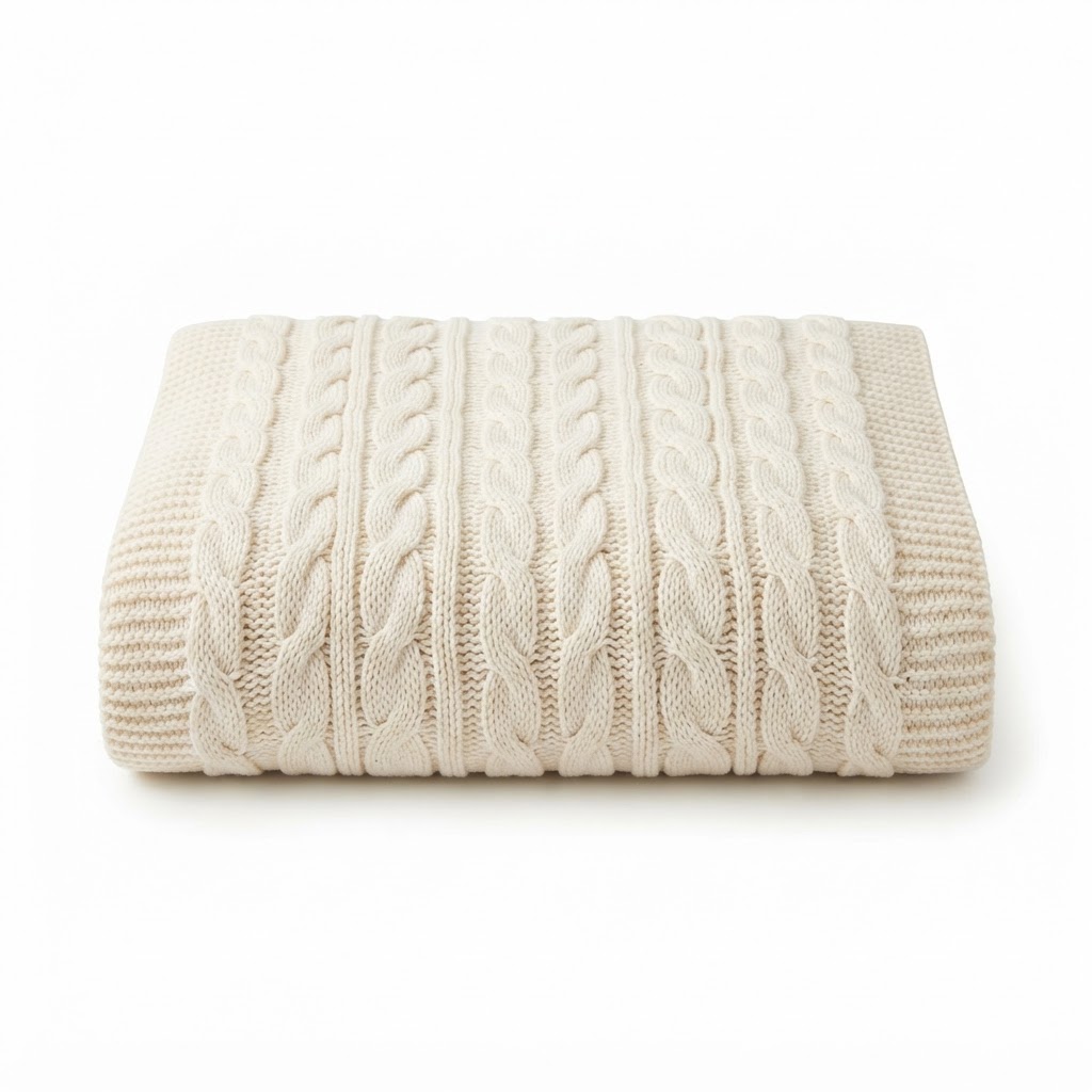 Cream Knit Cotton Throw Blanket