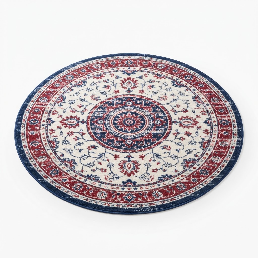Transitional Red White and Blue Circular Rug