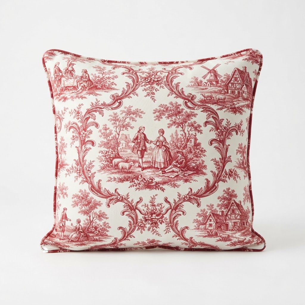 Red Toile Patterned Throw Pillow