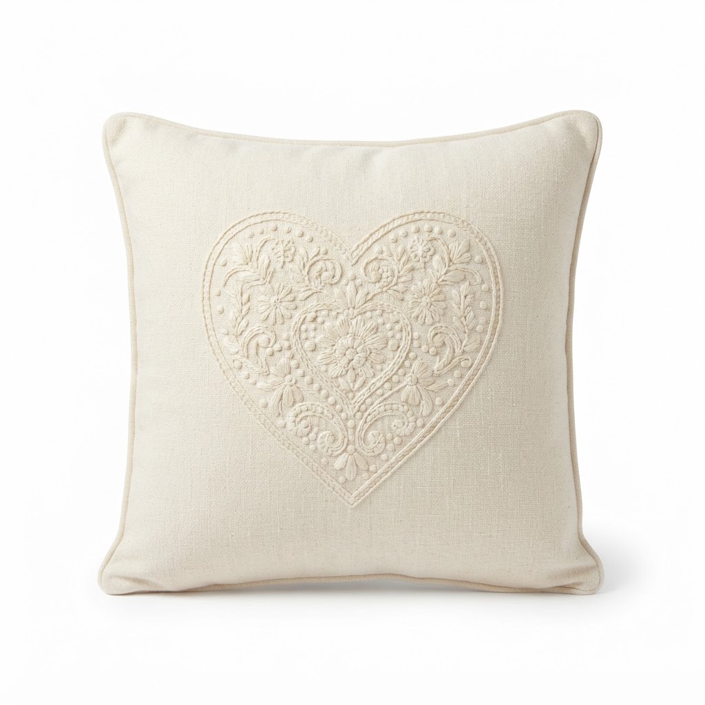 Transitional Cream Embroidered Heart Cushion