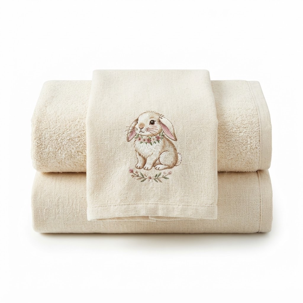 Cream Linen Embroidered Bunny Towel Set