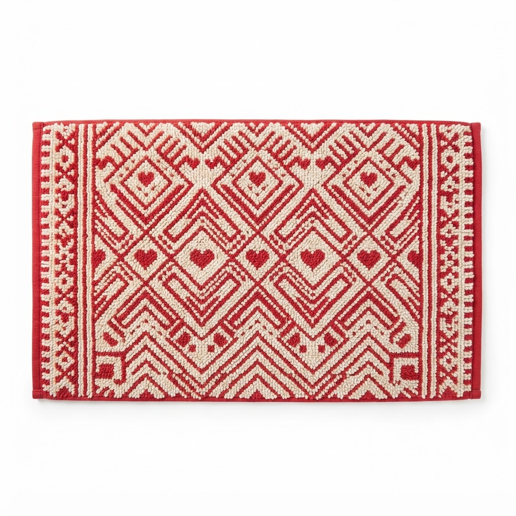 Cream and Red Geometric Cotton Bath Rug