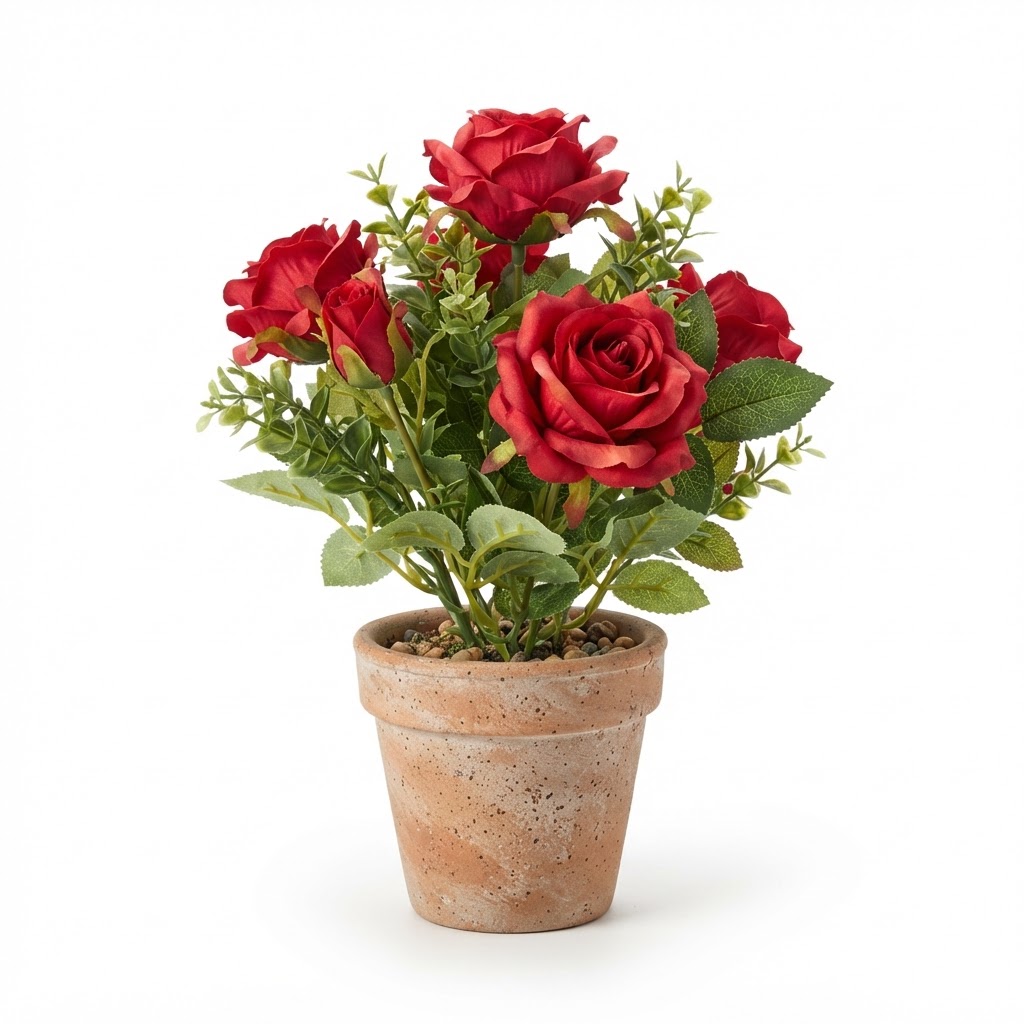 Artificial Potted Red Rose Greenery
