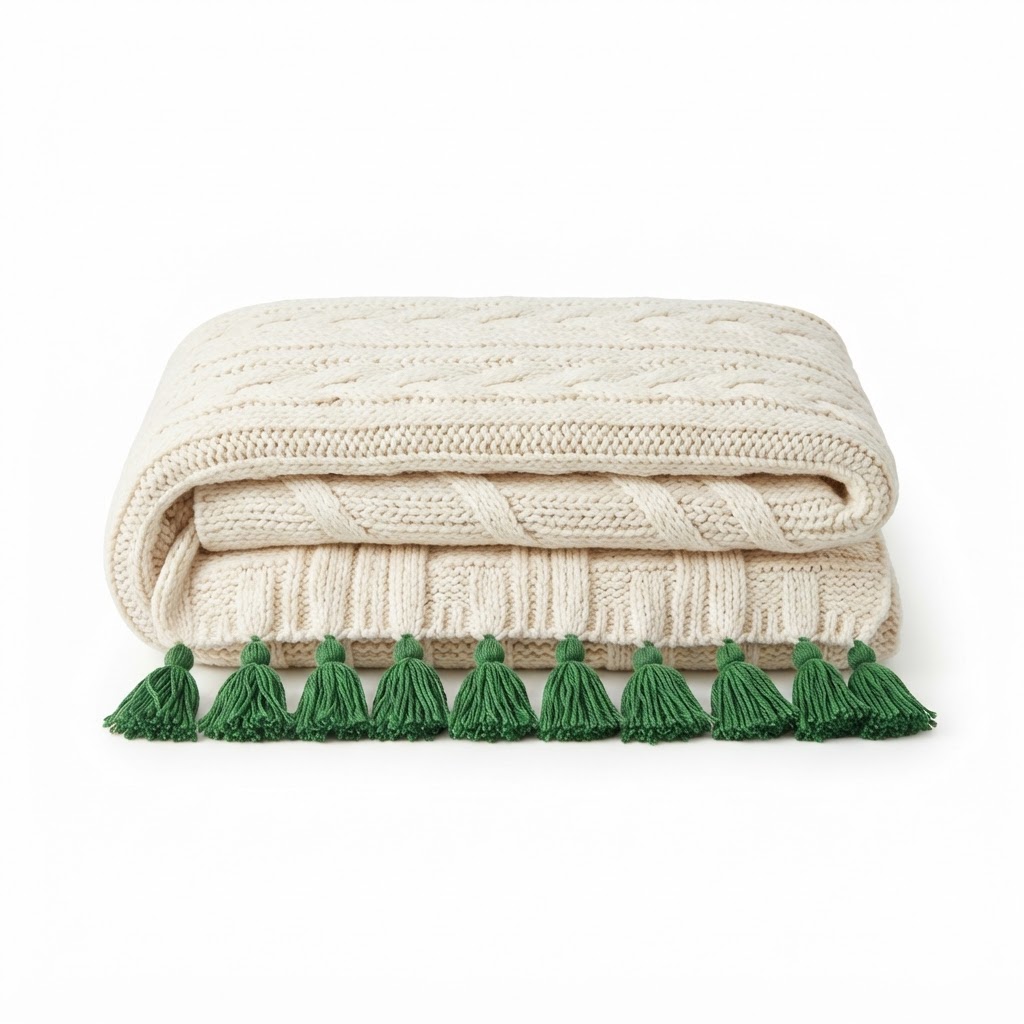 Knitted Cream Throw Blanket with Green Tassels