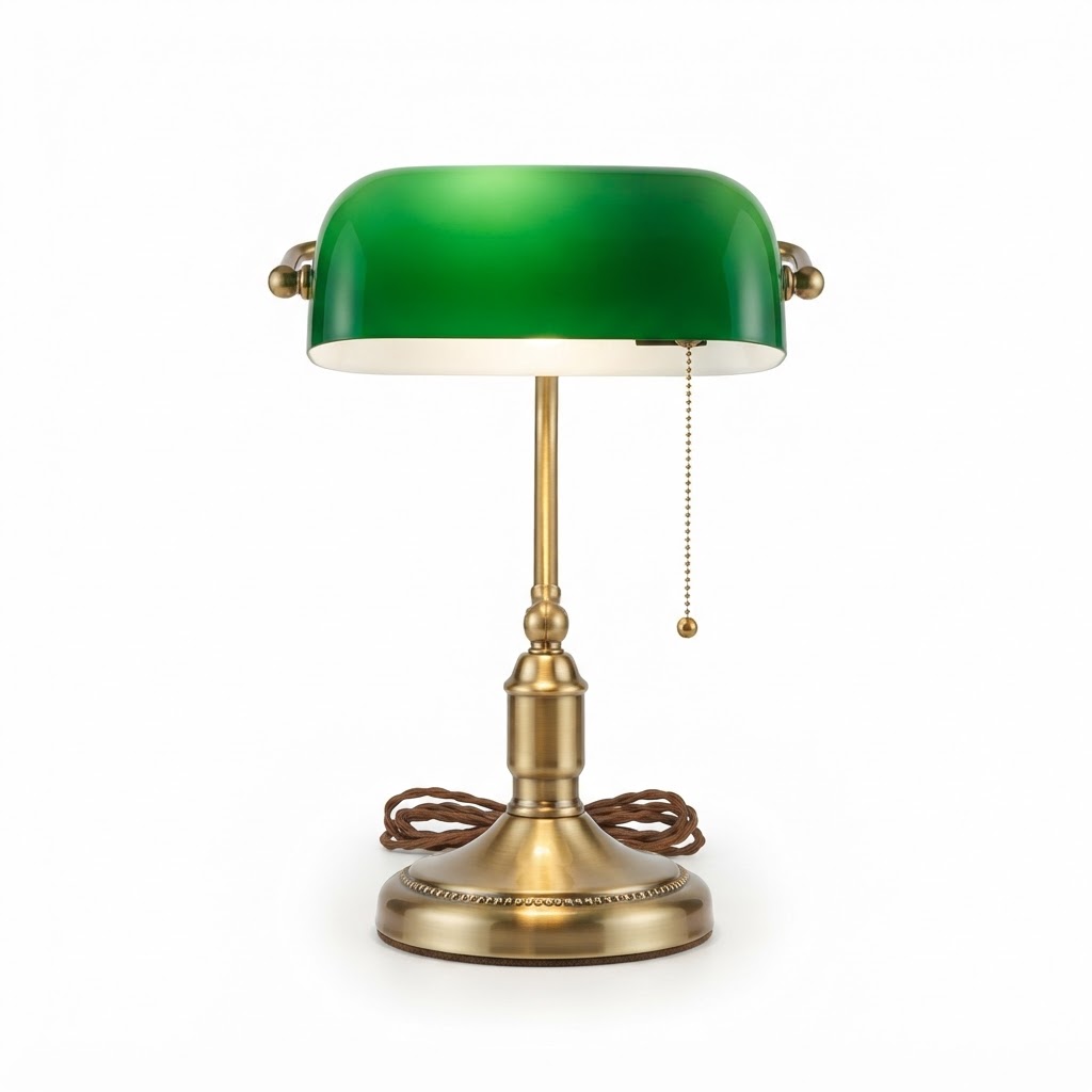 Brass Bankers Lamp with Green Glass