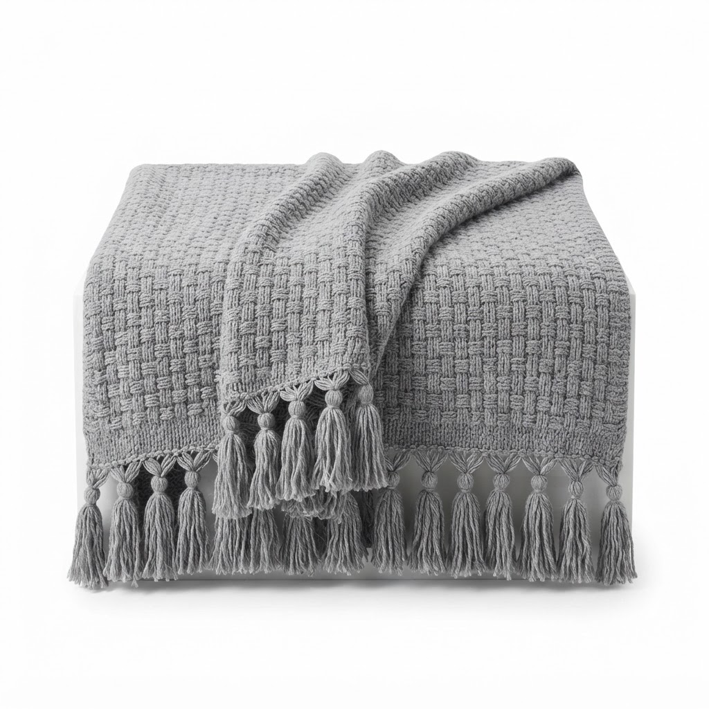 Tassel Trim Grey Knit Blanket