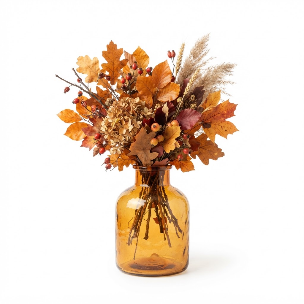 Amber Glass Vase with Autumn Foliage