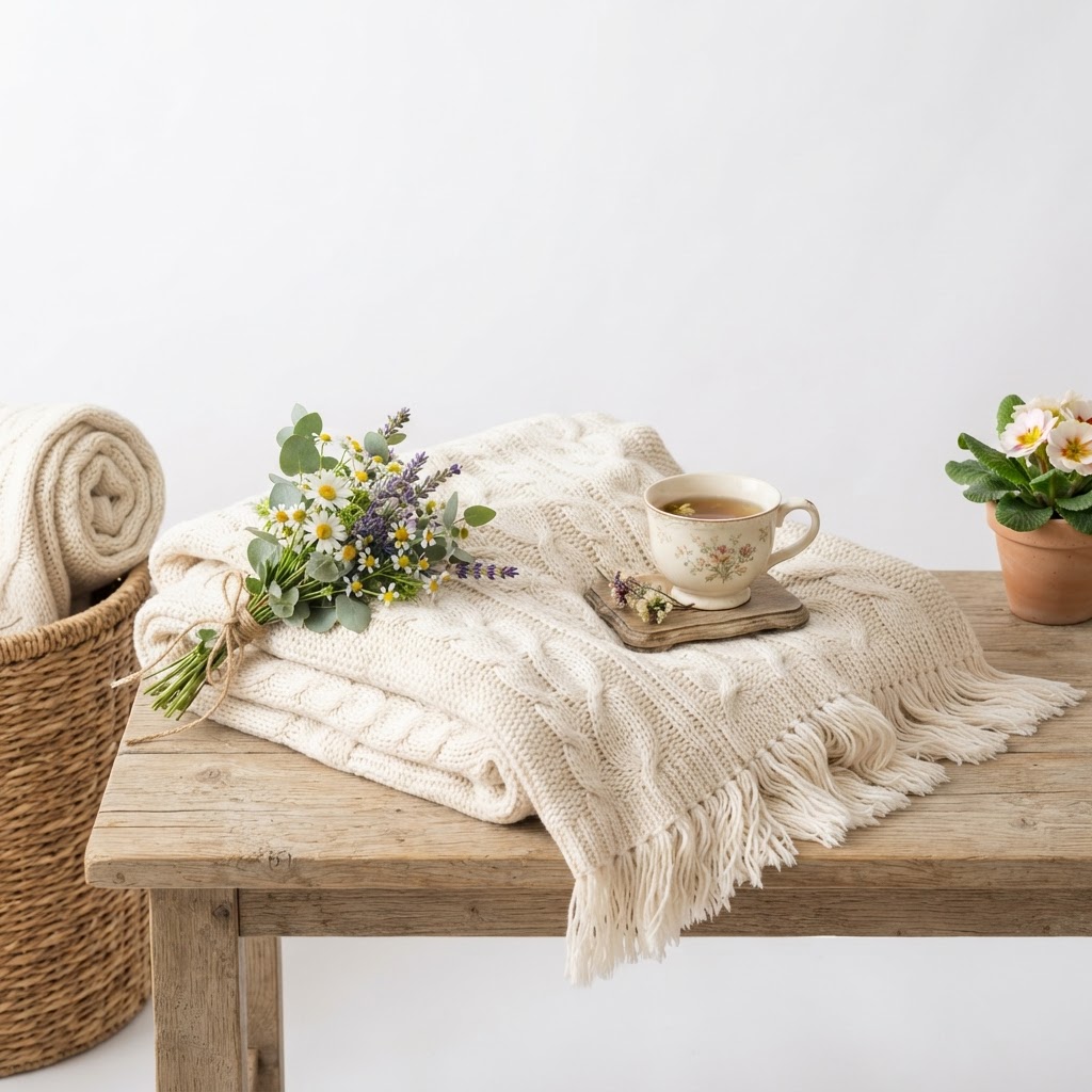 Knitted Cream Soft Cotton Throw Blanket
