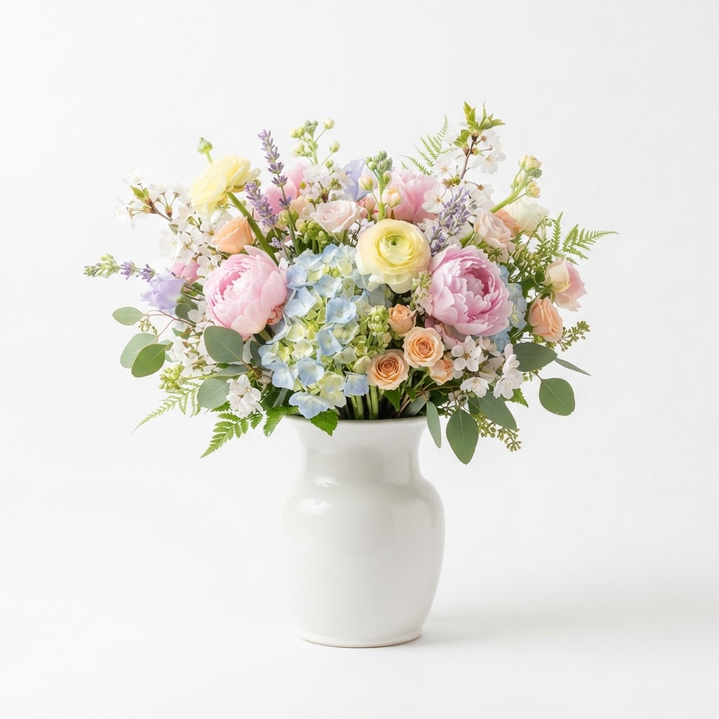 Spring Pastel Floral Arrangement in White Vase