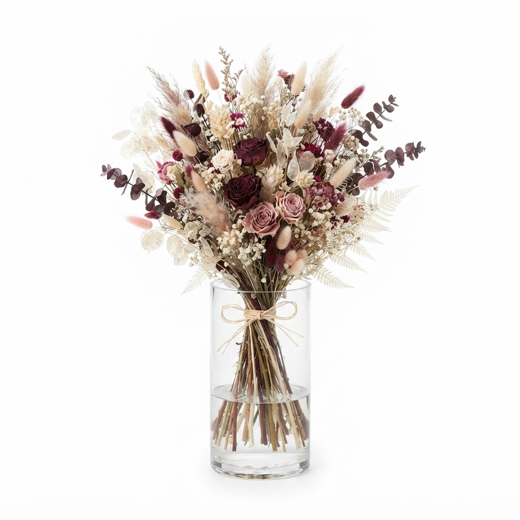 Dried Floral Bouquet in Glass Vase