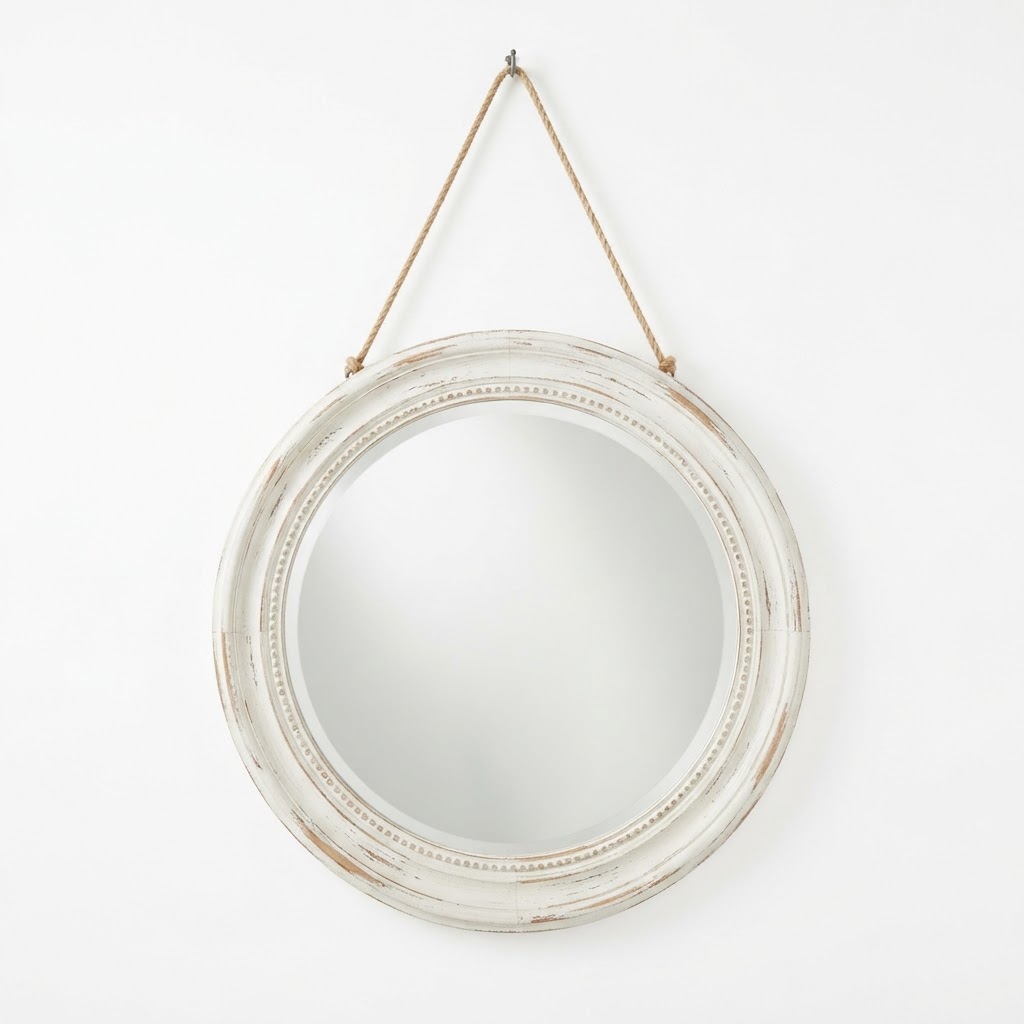 Distressed White Round Wall Mirror