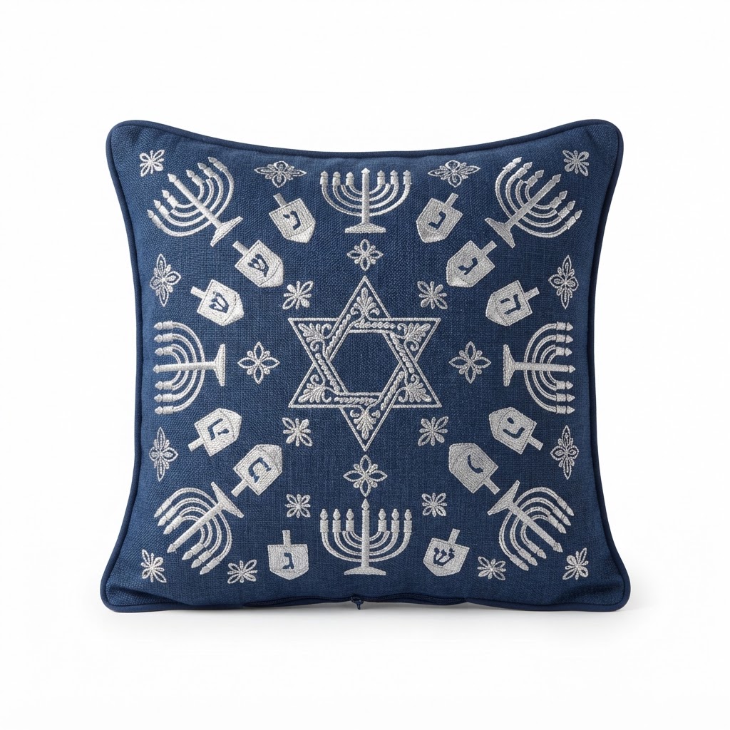 Hanukkah Blue and Silver Embroidered Throw Pillow