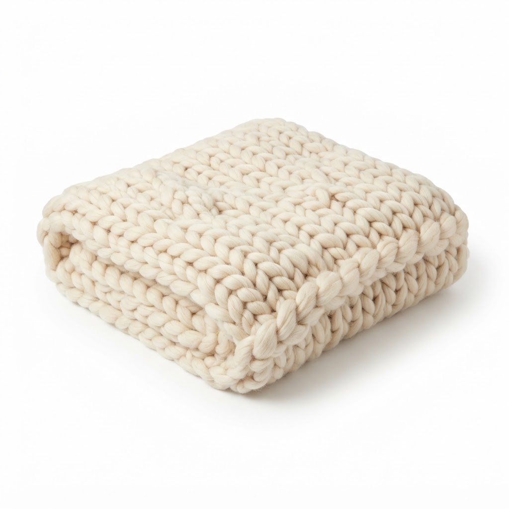 Chunky Knit Cream Wool Throw Blanket