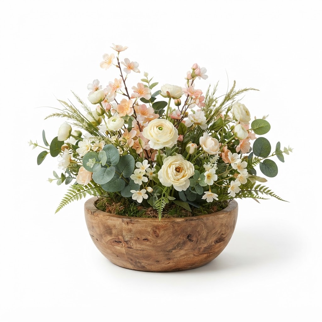 Faux Floral Arrangement in Wood Bowl