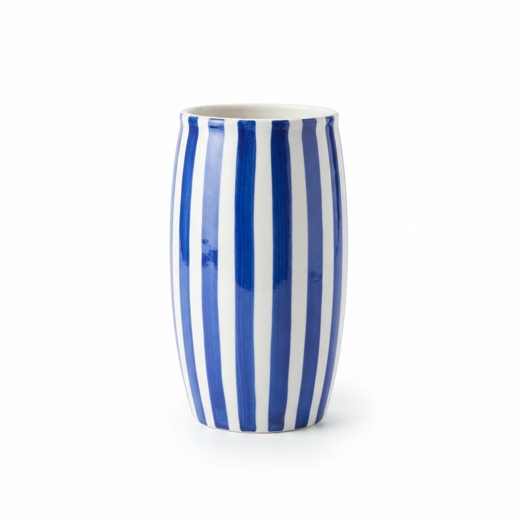 Blue and White Striped Ceramic Vase
