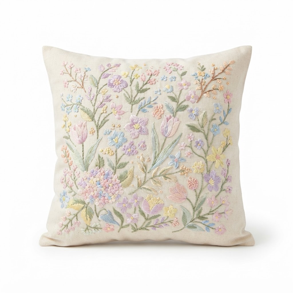 Transitional Pastel Floral Embroidered Throw Pillow