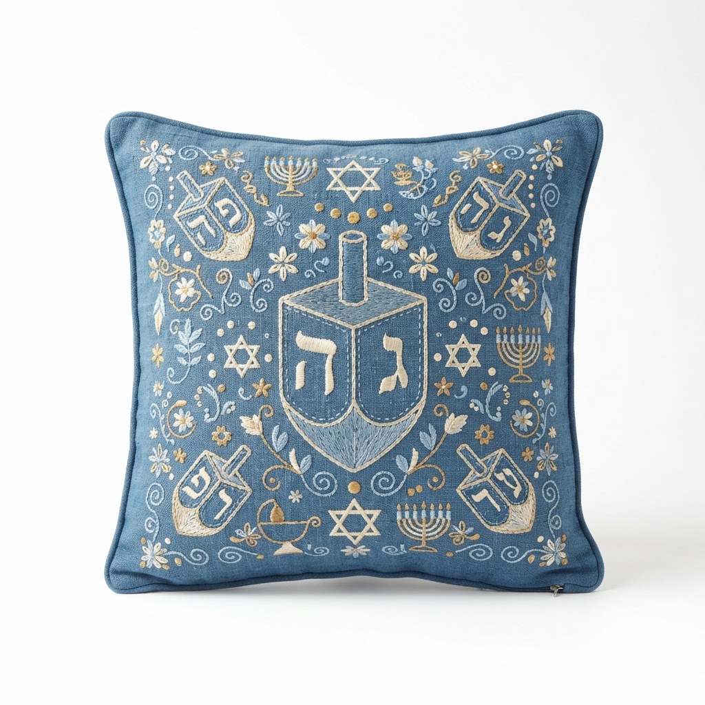 Blue Embroidered Dreidel Accent Pillow
