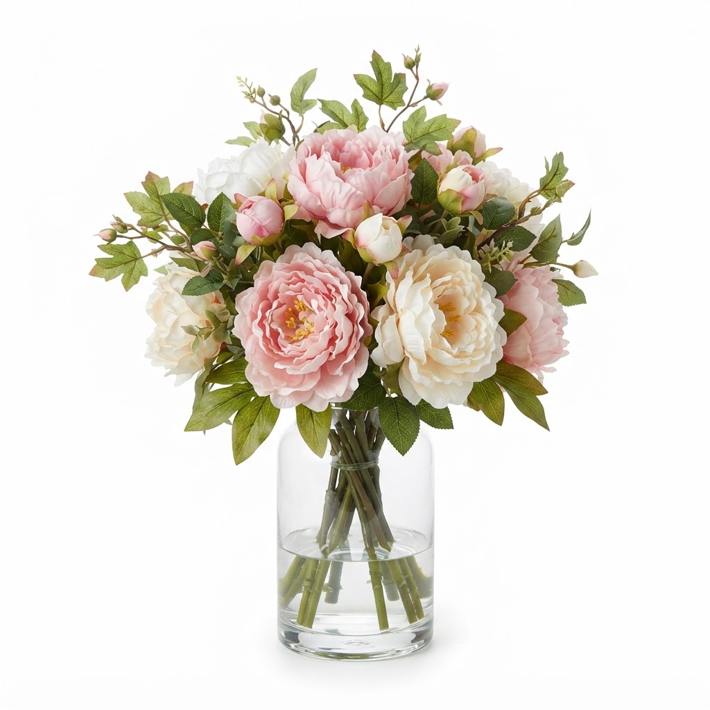 Spring Faux Peony Arrangement in Glass