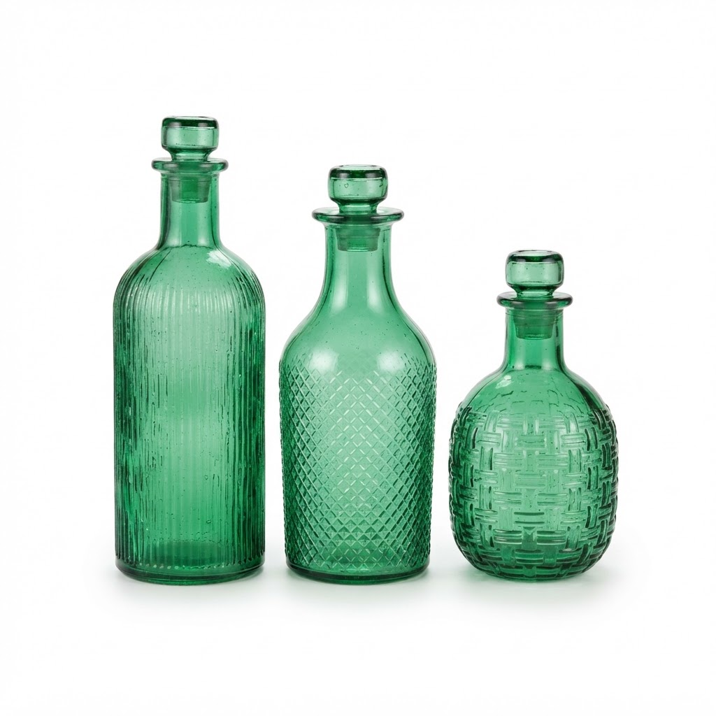 Transitional Set of Green Tinted Glass Bottles