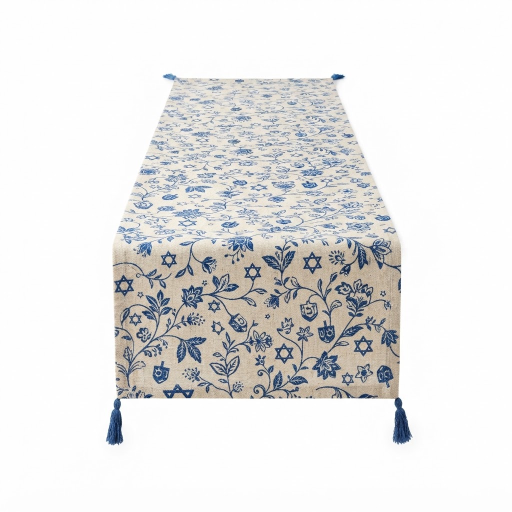 Blue and White Floral Linen Table Runner