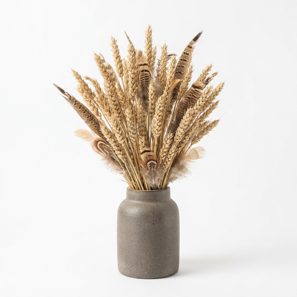 Dried wheat and feather botanical arrangement