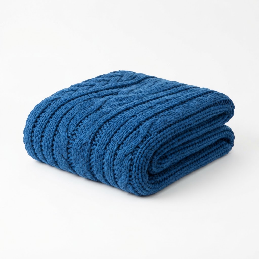 Chunky Knit Blue Cotton Throw Blanket