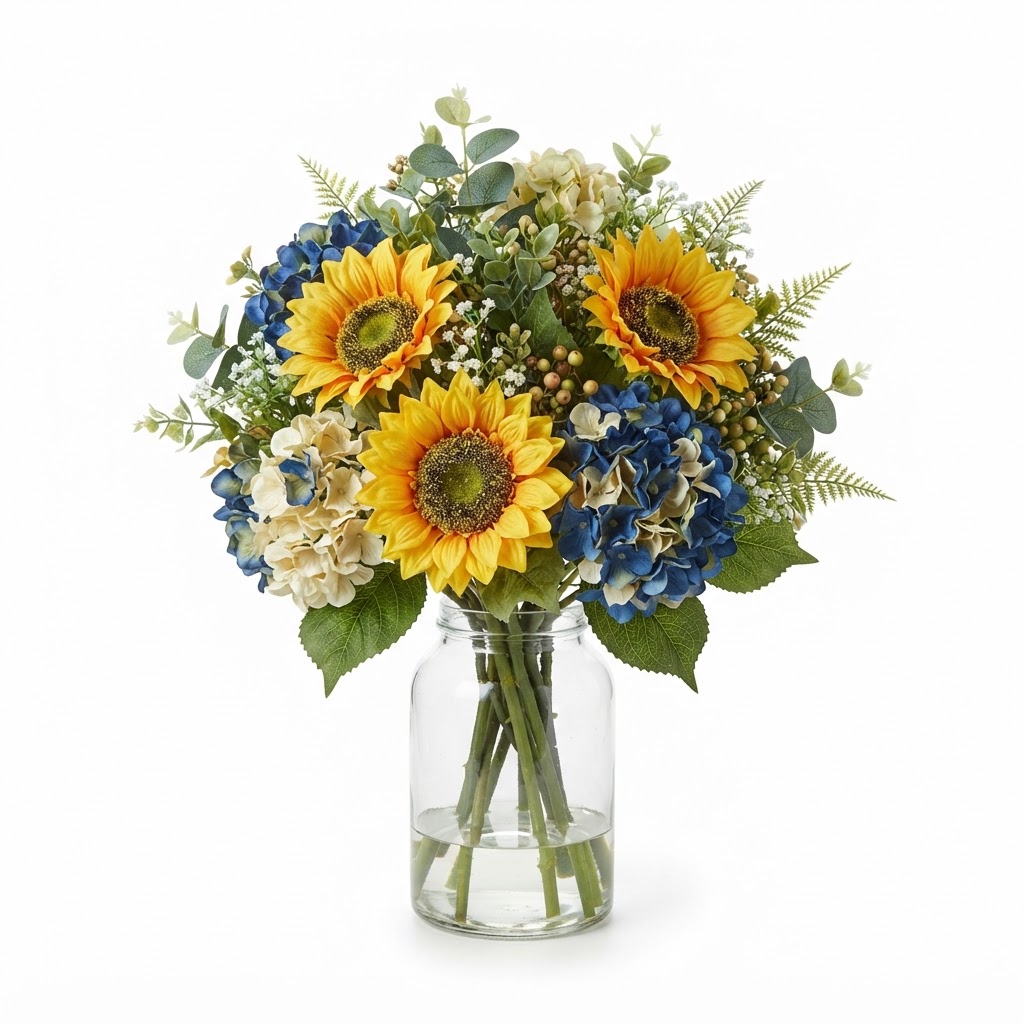 Summer Sunflower and Hydrangea Silk Floral Arrangement