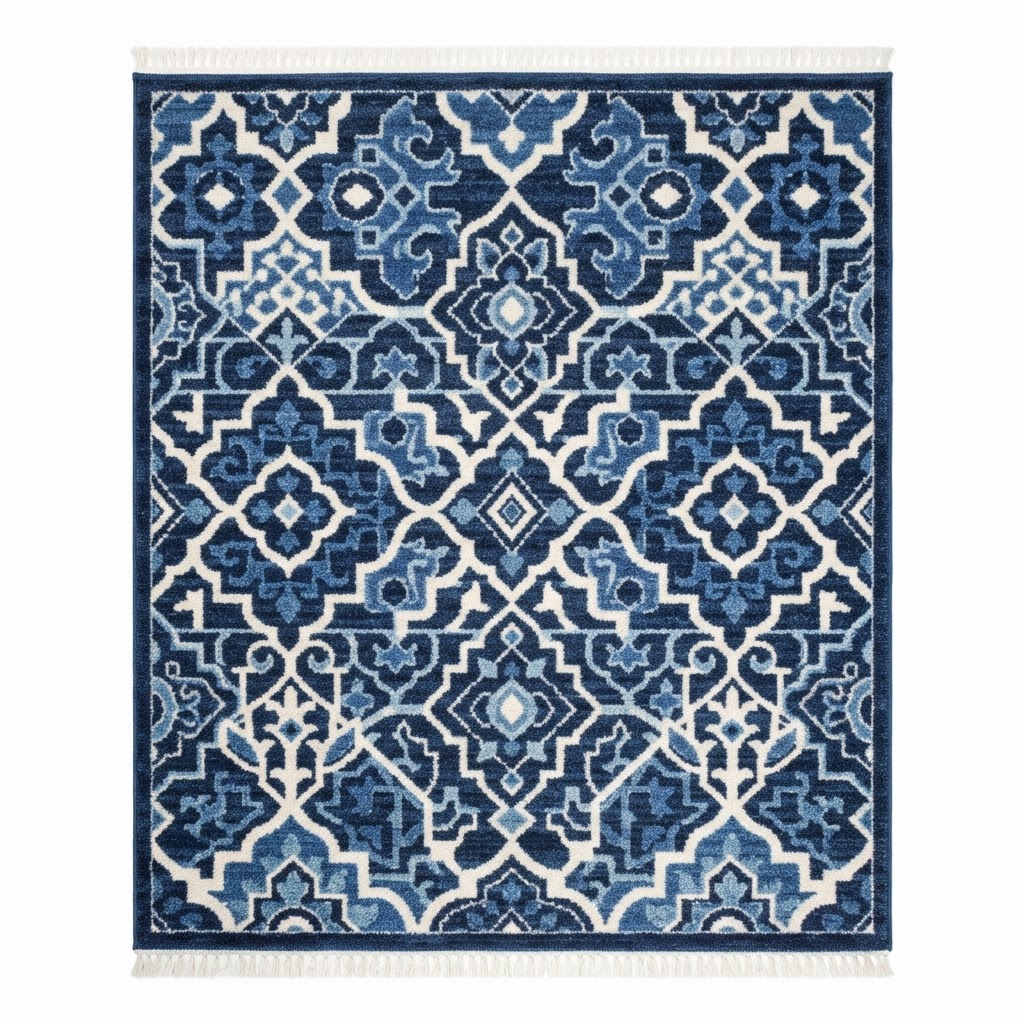 Transitional Geometric Blue and White Area Rug