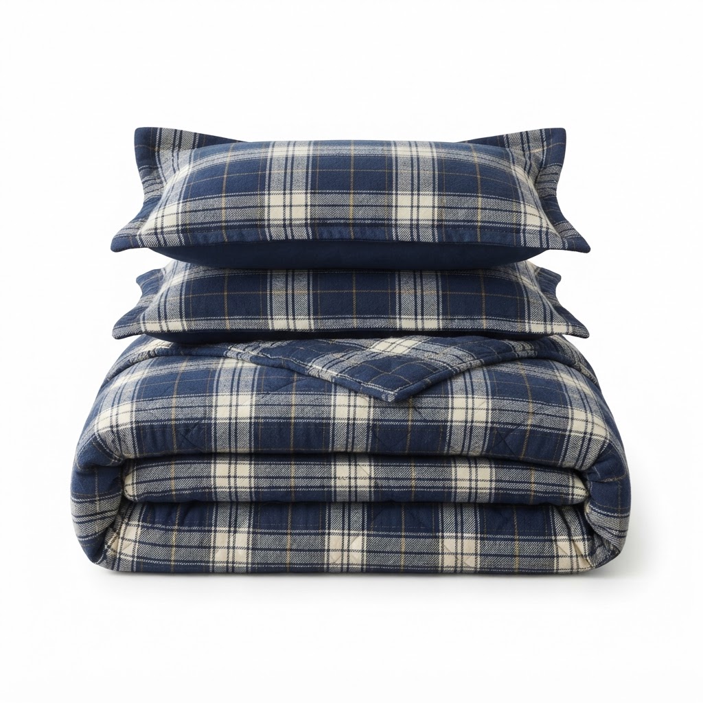 Navy Plaid Cotton Quilt Set