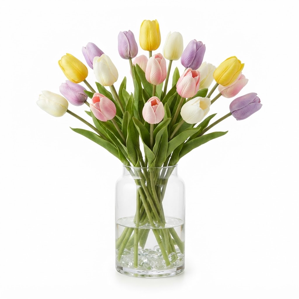 Clear Glass Vase with Faux Tulips