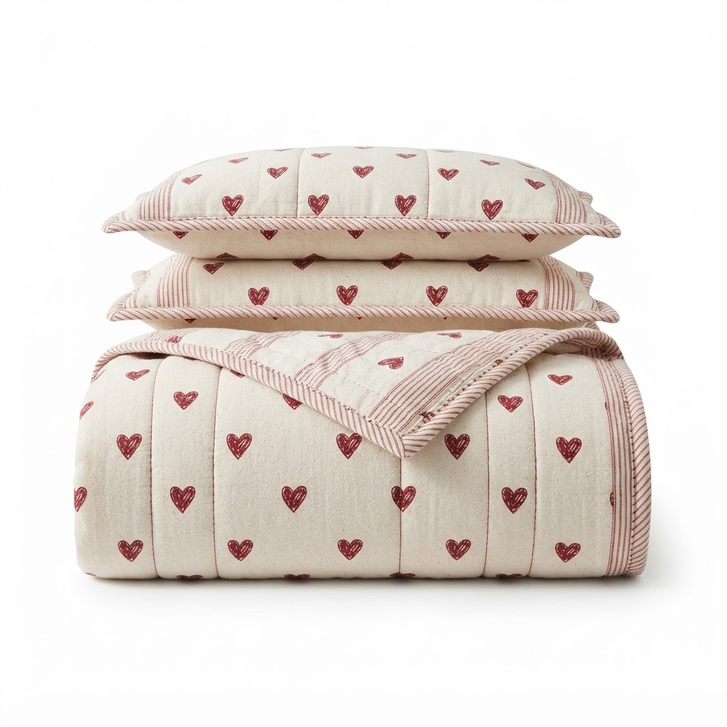 Soft Heart Patterned Cotton Quilt Set