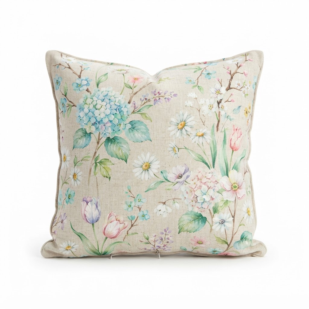 Spring Floral Linen Blend Throw Pillow