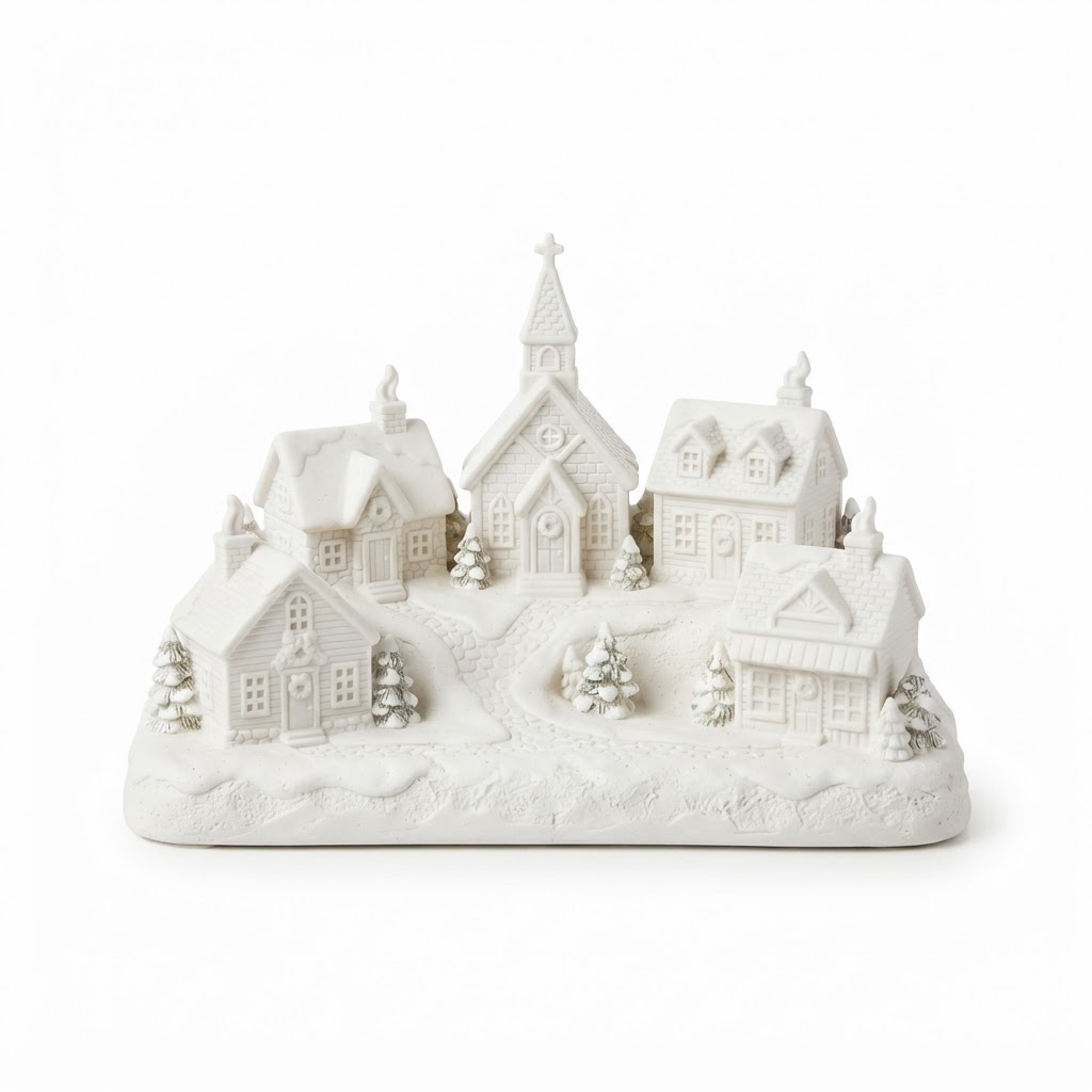 White Ceramic Village Mantle Decor
