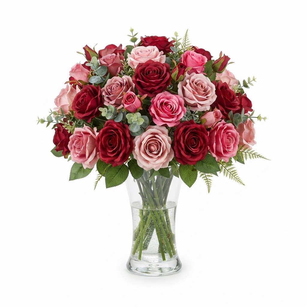 Artificial Silk Pink and Red Rose Floral Arrangement