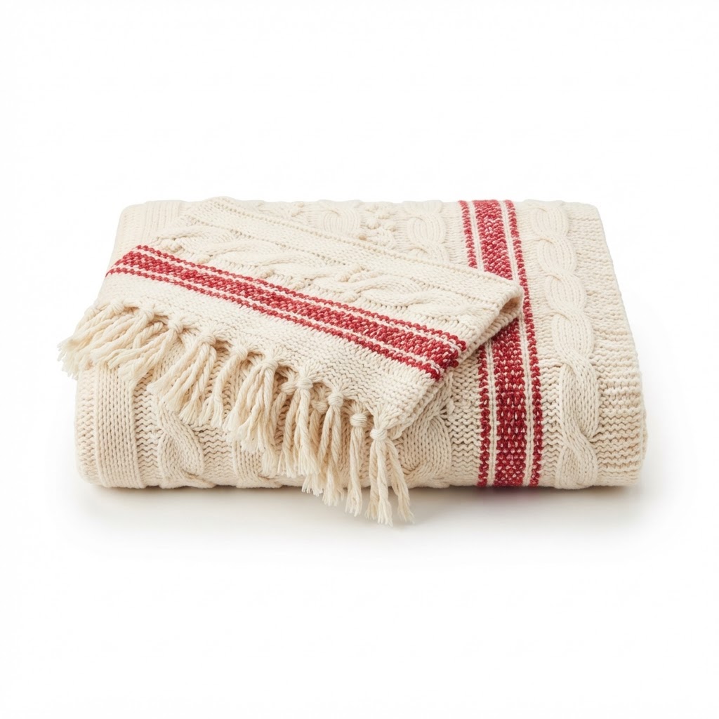 Cream Knitted Throw Blanket with Red Stripe