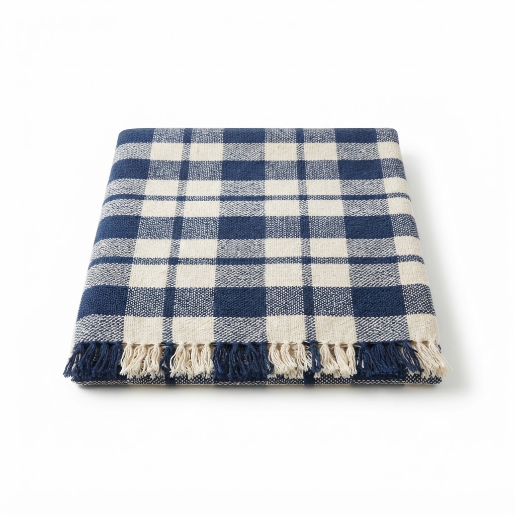 Navy and Cream Plaid Cotton Throw