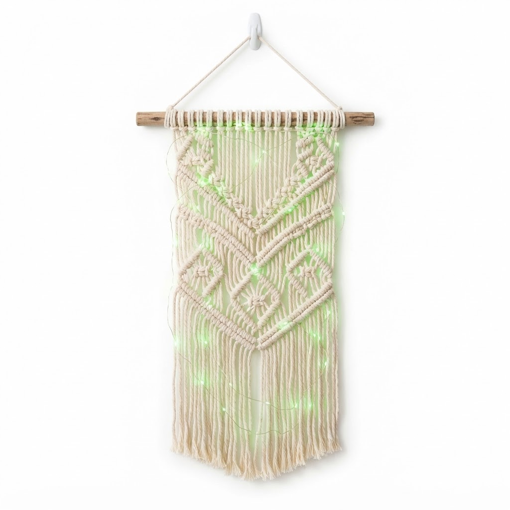Macrame Wall Hanging with Green Fairy Lights