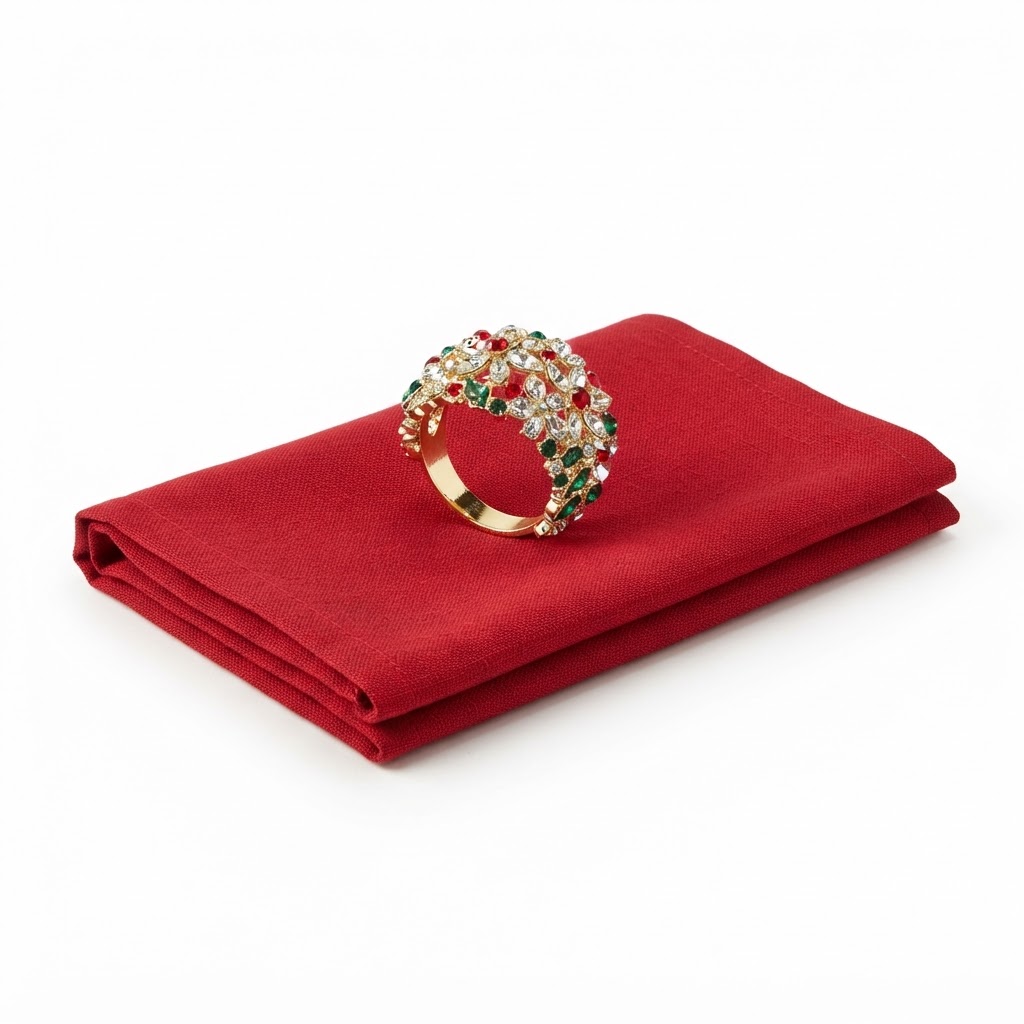 Red Napkin Set with Jeweled Rings