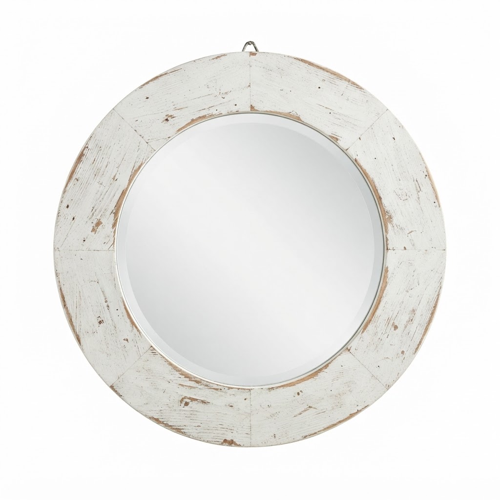 Round Distressed White Mirror