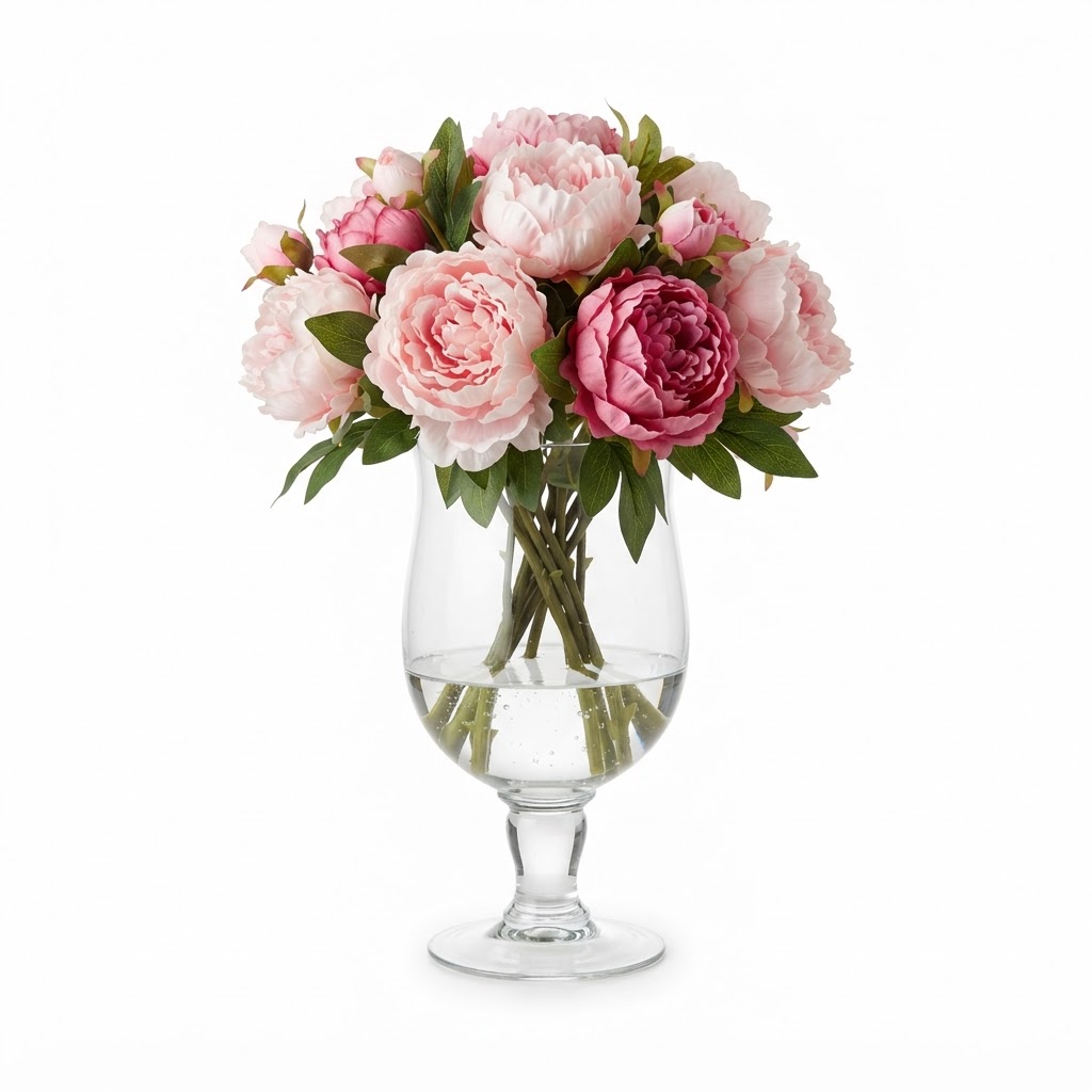 Glass Pedestal Vase with Faux Peonies