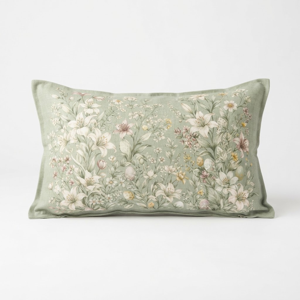 Sage Green Floral Linen Lumbar Pillow