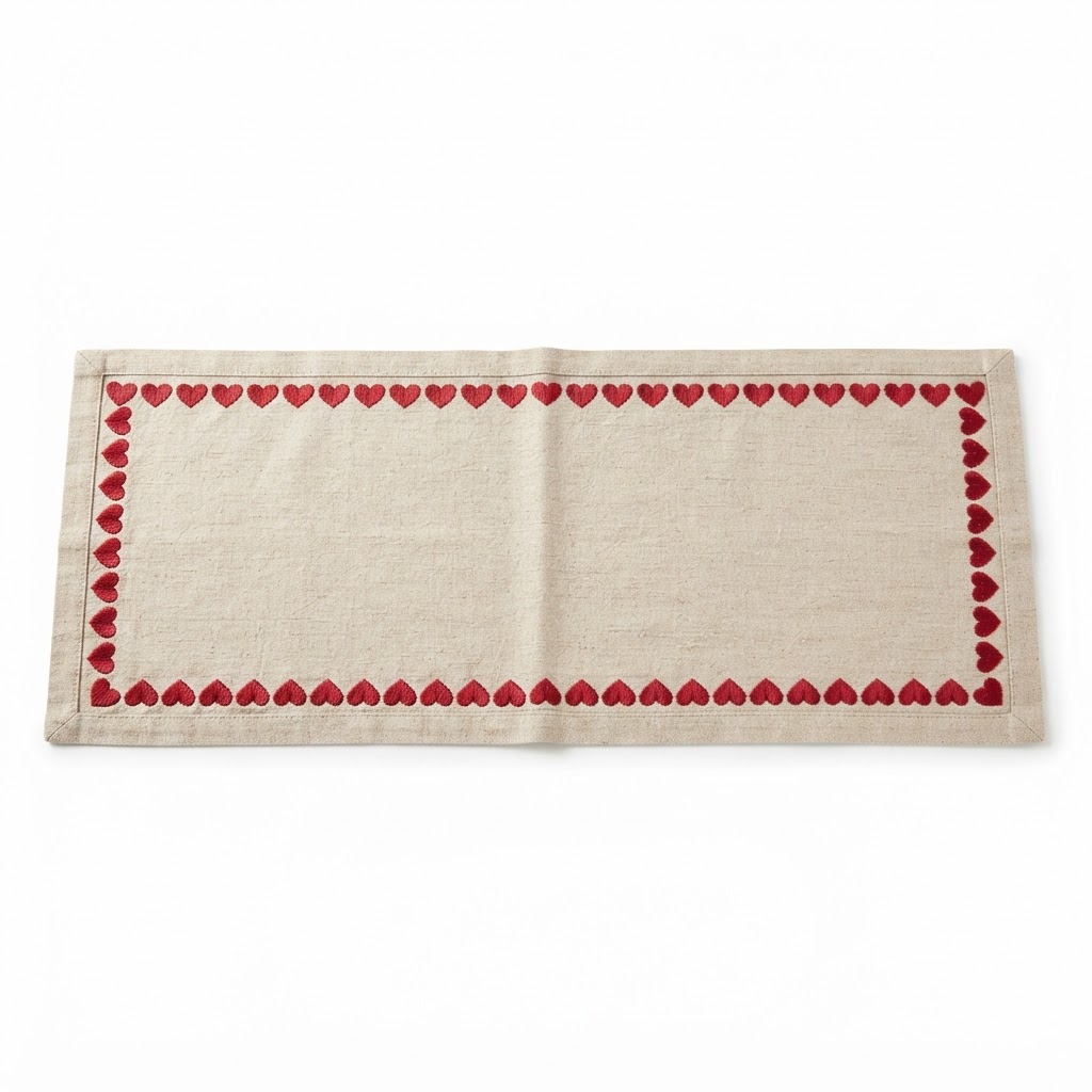 Linen Heart-Embroidered Table Runner