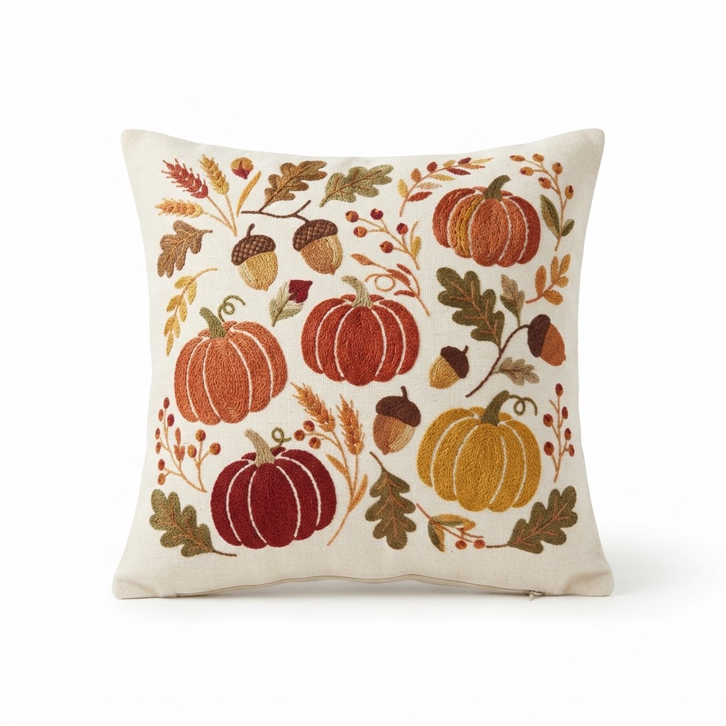 Fall Harvest Embroidered Throw Pillow