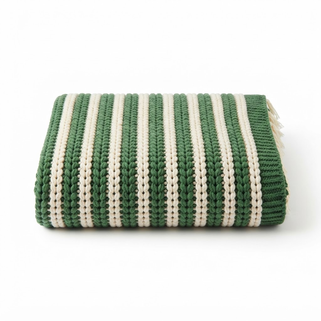 Green Knit Striped Bath Throw Blanket