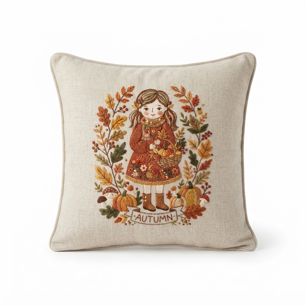 Embroidered Autumn Girl Throw Pillow
